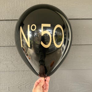 50th Birthday Decorations - Number 50 Balloons - Couture Themed Birthday - Black or White 12 Inch Latex with Gold Metallic Font