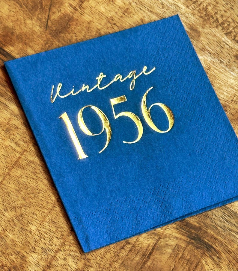 Vintage 1956 foil stamped napkins for milestone birthday party decor