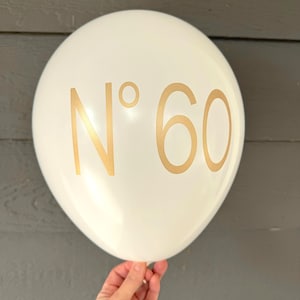 60th Birthday Decorations, No 60 Couture Themed, Latex White or Black, 12 Inch Balloons, with a Gold Metallic Font