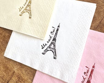 She Said Oui Cocktail Napkins, Parisian Party Decor with Eiffel Tower Foil Stamping