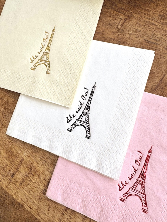 She Said Oui Cocktail Napkins: Parisian Party Decor - Eiffel Tower - Foil Stamped
