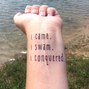Swimming Temporary Tattoo - I Came I Swam I Conquered - Swim Team Favors, Fun Fake Tattoos for Swimmers & Swimming Gear Gift