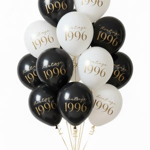 Balloon Bouquet of black and White 30th Birthday Balloons that read Vintage 1996 in a gold text.  30th Party Decorations
