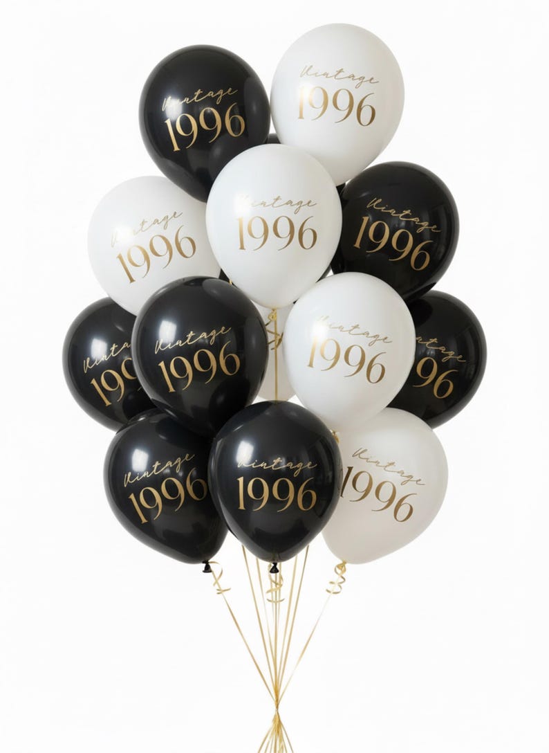 Balloon Bouquet of black and White 30th Birthday Balloons that read Vintage 1996 in a gold text.  30th Party Decorations