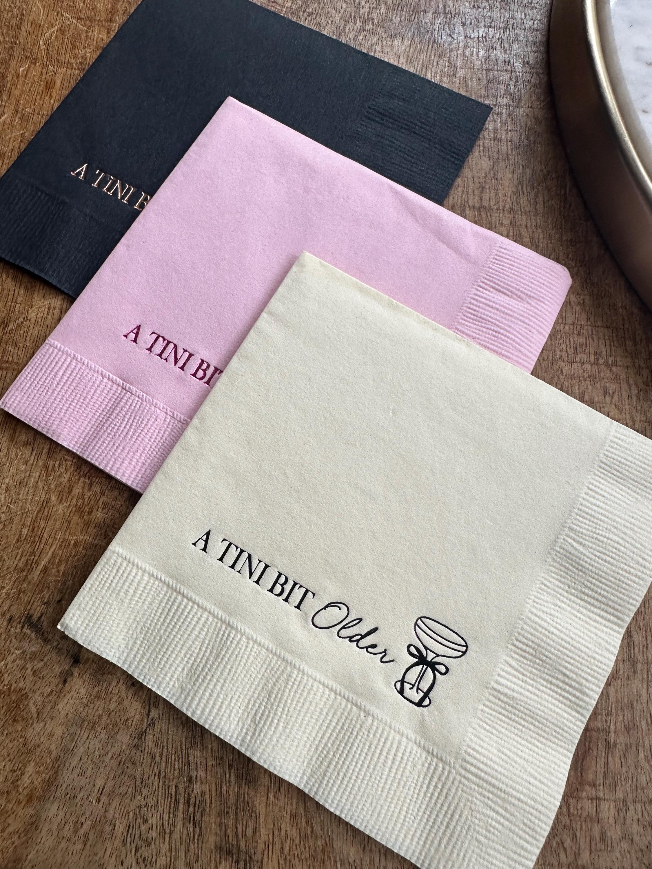 A Tini Bit Older Napkins, Martini Themed Birthday Party Cocktail Napkins, Birthday Napkins, Hot Foil Stamped Beverage Napkin