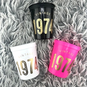 50th Birthday Stadium Cups, Vintage 1974, Fiftieth Birthday Decorations-- Sold in Sets of 10, Beer Cup, Black, Hot Pink, White, 16 ounce