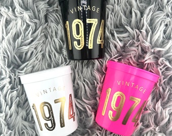 50th Birthday Stadium Cups, Vintage 1974, Fiftieth Birthday Decorations-- Sold in Sets of 10, Beer Cup, Black, Hot Pink, White, 16 ounce