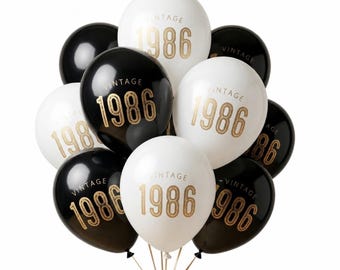 40th Birthday Balloons Vintage 1986 — Black White Gold Latex Party Decorations —
