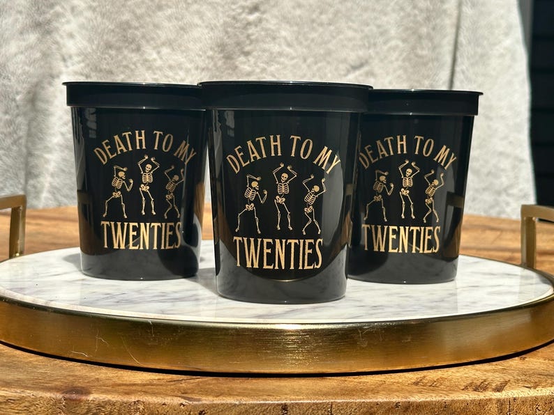 Death to My Twenties 30th Birthday Cups — Black Gold 16oz Stadium Cups image 8