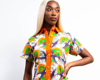 Orange & White Woodin Ankara African Print Collared Colour Blocked Shirt Dress