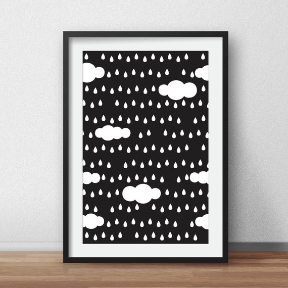 Nursery Prints Cloud Rain Art Black and White Nursery Wall Etsy