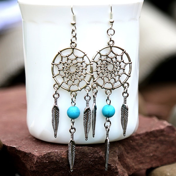 chandelier earring dreamcatcher earring Feather earring Gypsy earring Turquoise earring LONG Feather jewelry gitf mom dream catcher earrings