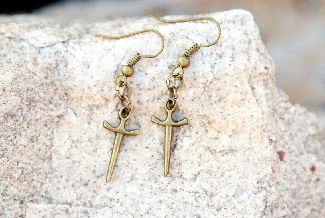 Handmade Dagger Sword Athame Cross Drop Earrings - Silver Plated, Nickel-Free, Gothic Pagan Style