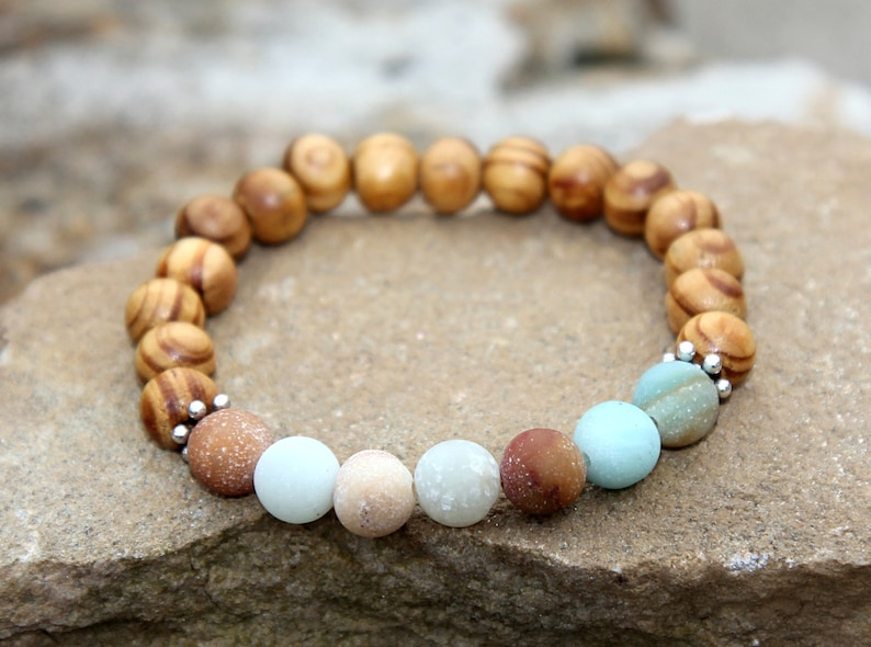 Anniversary gift Wooden bracelet Wooden jewelry Wood bracelet Wood jewelry Wood Bead Bracelet amazonite jewelry amazonite bracelet image 1