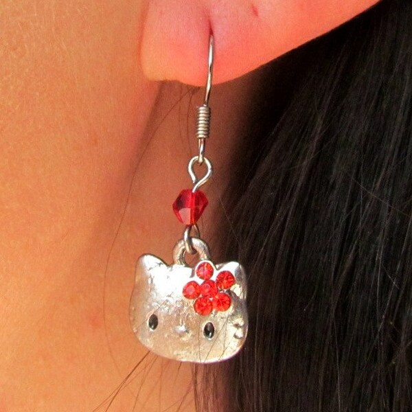 Silver cat charm earrings with red glass bead Cat Lover Animal Jewelry Zoo pendant Sweet Gift for kids