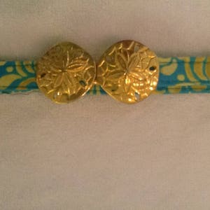 Vintage 18k gold plated Mimi di N sand dollar belt buckle with custom fabric belt strap