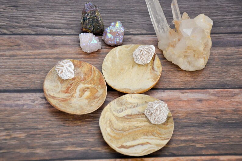 Ready to Ship Handmade Marbled Clay Ring Dish Desert Rose Selenite Crystal Ring Dish Natural Rustic Ceramic Trinket Dish