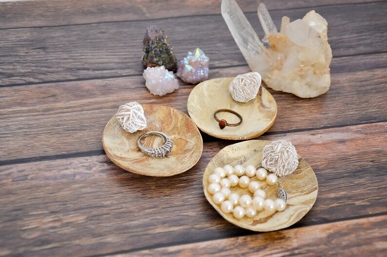 Ready to Ship Handmade Marbled Clay Ring Dish Desert Rose Selenite Crystal Ring Dish Natural Rustic Ceramic Trinket Dish
