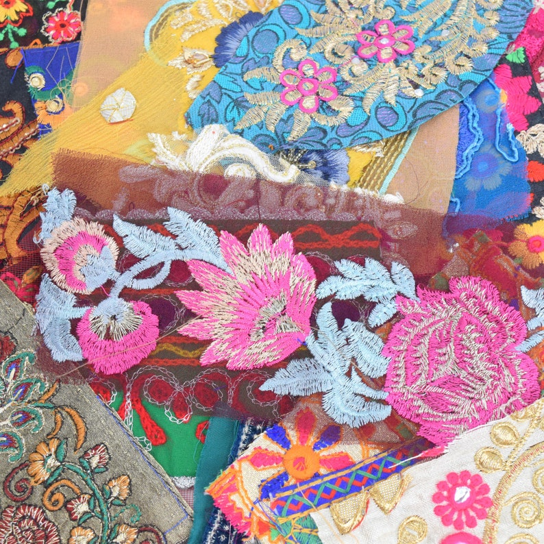 Indian Fabric Swatches Decorative Sari Borders Sparkly Embroidered Bohemian Fabric Patches Boho Junk Journal Art Craft Embellishments 20 Embroidered