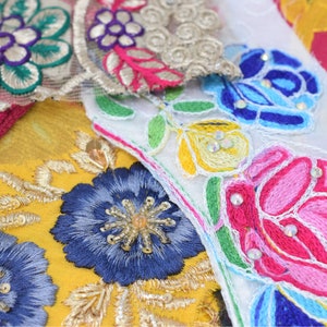 Indian Fabric Swatches Decorative Sari Borders Sparkly Embroidered Bohemian Fabric Patches Boho Junk Journal Art Craft Embellishments 10 Embroidered