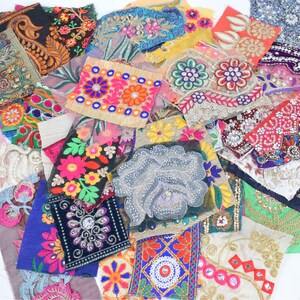 Indian Fabric Swatches Decorative Sari Borders Sparkly Embroidered Bohemian Fabric Patches Boho Junk Journal Art Craft Embellishments 20 Mixed