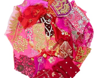 Sari Fabric Snippets Valentine Mix - 25+ Unique Junk Journal Fabric Bits and Pieces - 50g Scrap Pack - Pink & Red Boho Craft Embellishments