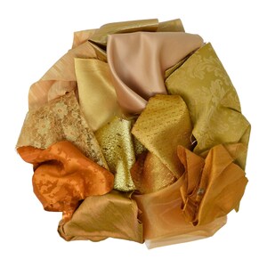 Gold Coloured Fabric Scrap Mystery Bundle - Metallic Fabric Remnants - 12 Piece Shiny Scrap Pack - Satin, Lace, Brocade, Sari Scraps, Silk