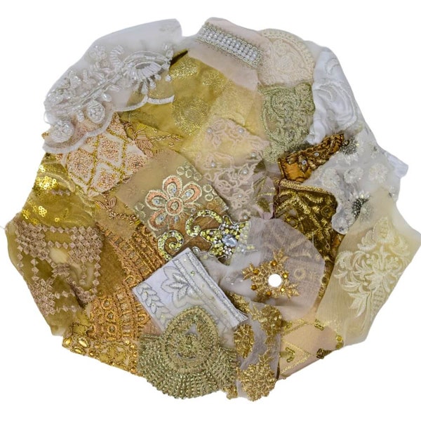 Sari Scrap Pack Colores neutros - Más de 25 fragmentos de tela india basura - 50 g de suministros para manualidades bohemias - Paquete misterioso de adorno artesanal