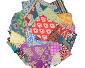 Patterned Indian Brocade Fabric Swatches - Metallic Sari Scrap Bundle - 25 Bohemian Motif Designs - Textile Art & Craft Supplies Journal Kit