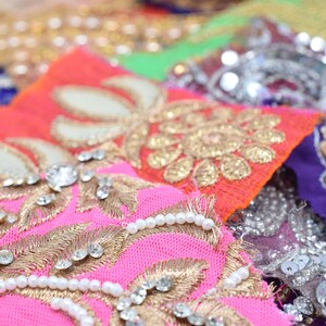 Indian Fabric Swatches Decorative Sari Borders Sparkly Embroidered Bohemian Fabric Patches Boho Junk Journal Art Craft Embellishments image 5