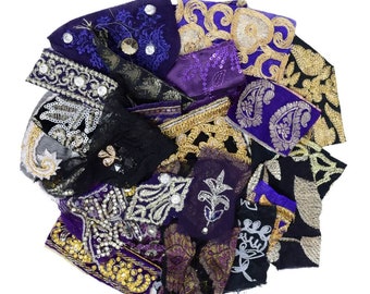 Sari Fabric Snippets Gothic Mix - 25+ Unique Junk Journal Fabric Embellishments - 50g Indian Textiles Scrap Pack - Purple Black Silver Gold