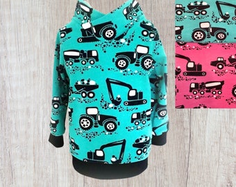 Sweater "Trucks", stand-up collar or crew neck, petrol or pink, handmade, in desired size