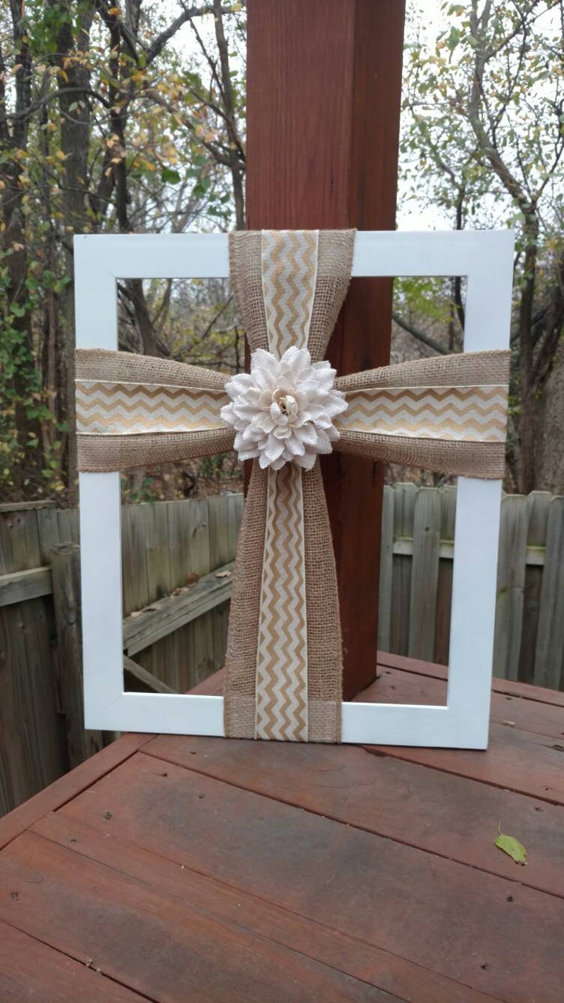 Burlap Cross Frame On Wood Image 0