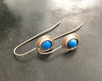 Blue enameled earrings. Sterling silver ear wire. Round blue earrings.