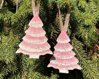 Hand-Painted Rosey Pink Christmas Tree Ornament - Wooden Base
