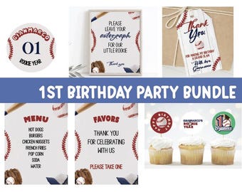 Editable Rookie of the Year First Birthday Bundle Baseball 1st Birthday Boy 1st Birthday Bundle Boy Rookie Year Invite Baseball Theme Party