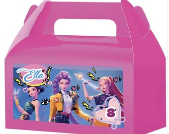 May include: A bright pink party favor box with a handle. The box features a colorful graphic of three animated girls with the name "Ella" and the number "8". The girls are depicted with various accessories and poses.
