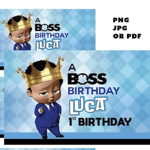 Puede incluir: Una tarjeta de cumpleaños azul y blanca con un bebé de dibujos animados que lleva una corona dorada y un traje azul. La tarjeta dice "A Boss Birthday Luca 1st Birthday".