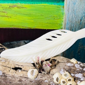 Large Carved Bone Feather Pendant: Natural Tribal Jewelry
