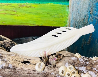 Large Carved Bone Feather Pendant: Natural Tribal Jewelry