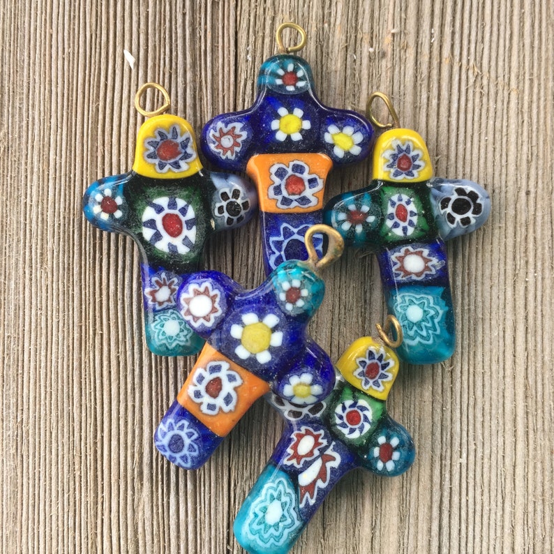 5pc Murano Millefiori Glass Cross Pendants/ Large Colorful Glass Cross Pendants / Glass Charms Lamp Work .C8-10501111 image 5