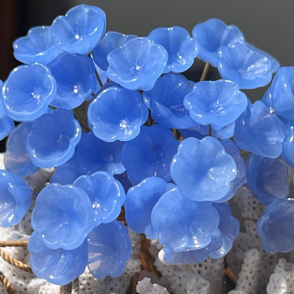 10pc Milky Blue Glass Flower Pin Charms-Glass Headpins - Millinery- Flower Beads - Handcrafted - Brass Wire.{N4-1543#001612}