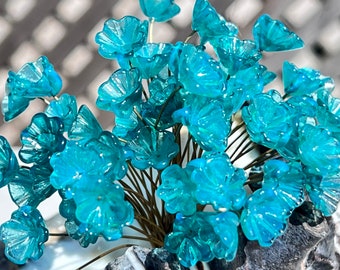 14pc Vintage Transparent Turquoise Glass Flower,Headpins-Glass Headpins-Millinery Flower Beads-Handcrafted-Brass Wire. {R1-1620#002299}