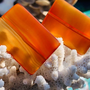 May include: Two orange agate rectangular shaped earrings with a striated pattern.
