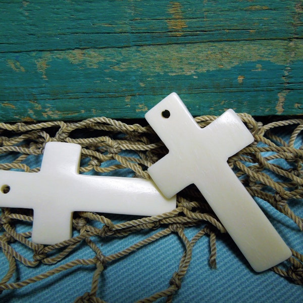 Set of 2 Buffalo Bone  White Cross Pendants / Handmade /Earrings Supply / Spirituality Cross Pendant. {A3-11#00086}