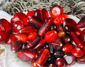 50pc Vintage Random Mixed Shape Cranberry Red Glass Beads/  Glass Bead Assortment. {G3-1661#02501}