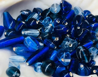 50pcs Vintage Blue Glass Beads, Blue Beads, Mix Shape Glass Beads. {P2-1567#2036}