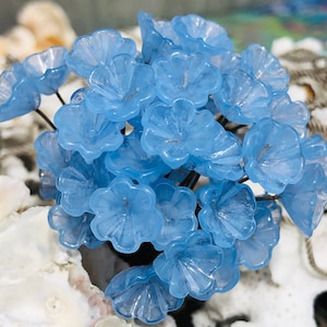 14pc Milky Baby Blue Glass Flower Headpins,Charms- Glass Headpins -Millinery-Flower Beads-Handcrafted-Brass Wire. {R1-1617#02282}