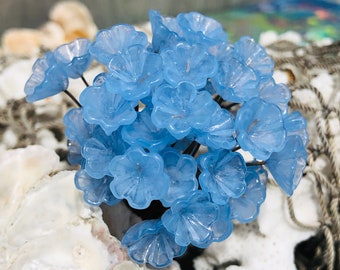 14pc Milky Baby Blue Glass Flower Headpins,Charms- Glass Headpins -Millinery-Flower Beads-Handcrafted-Brass Wire. {R1-1617#02282}