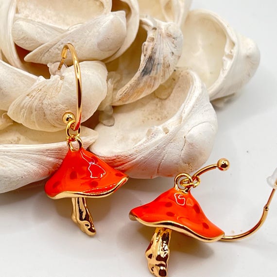 Mushroom Drop Earrings: Enchanted Forest Dangles View 4